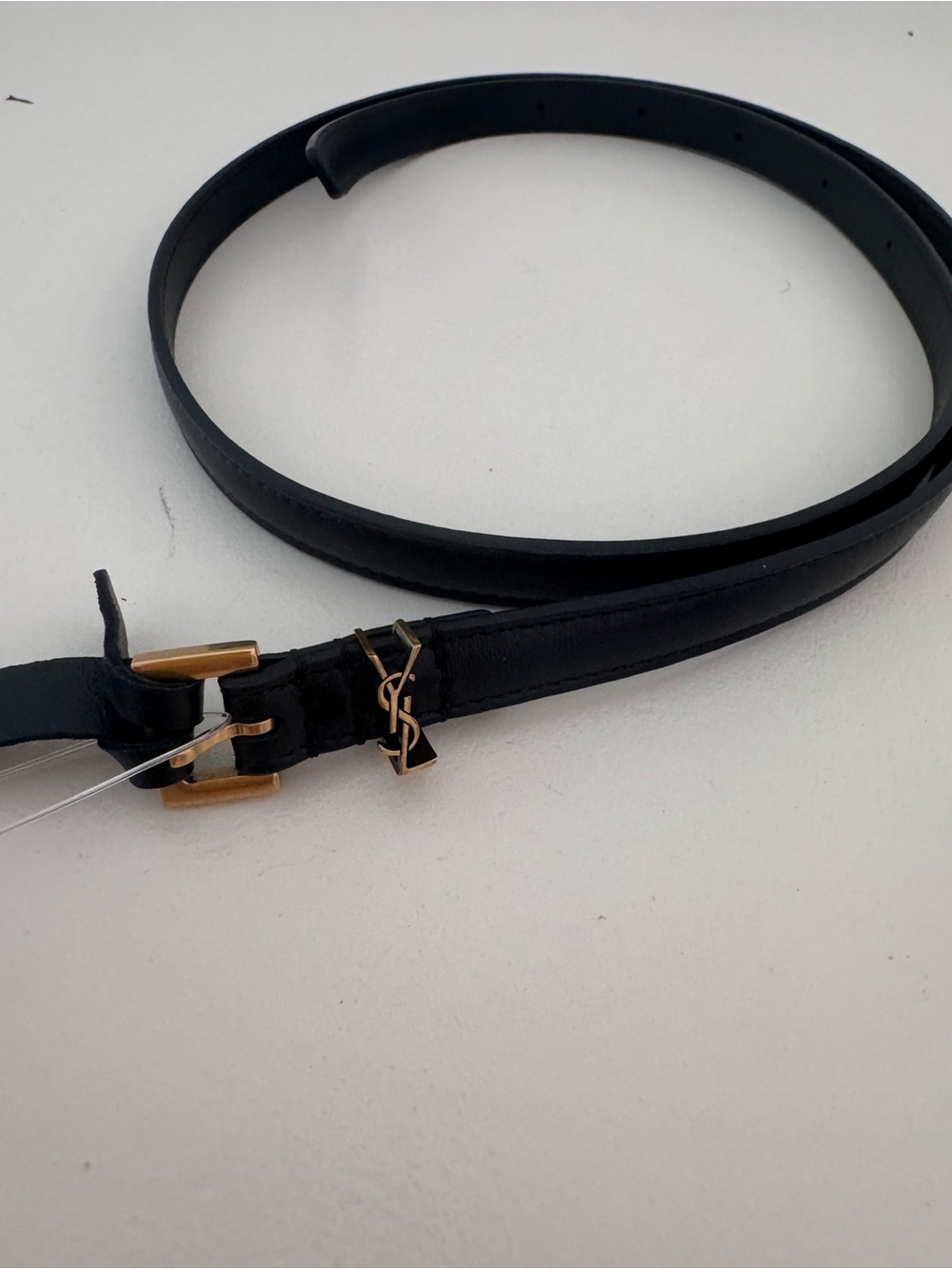 Saint Laurent Black Leather Logo Skinny Belt with Gold Hardware